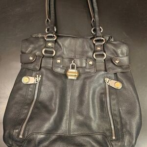 b. makowsky Black Leather Shoulder Bag with Gold Accents